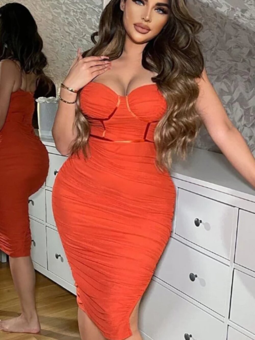 Fashion Nova Orange Ruched Midi Dress - Xsmall